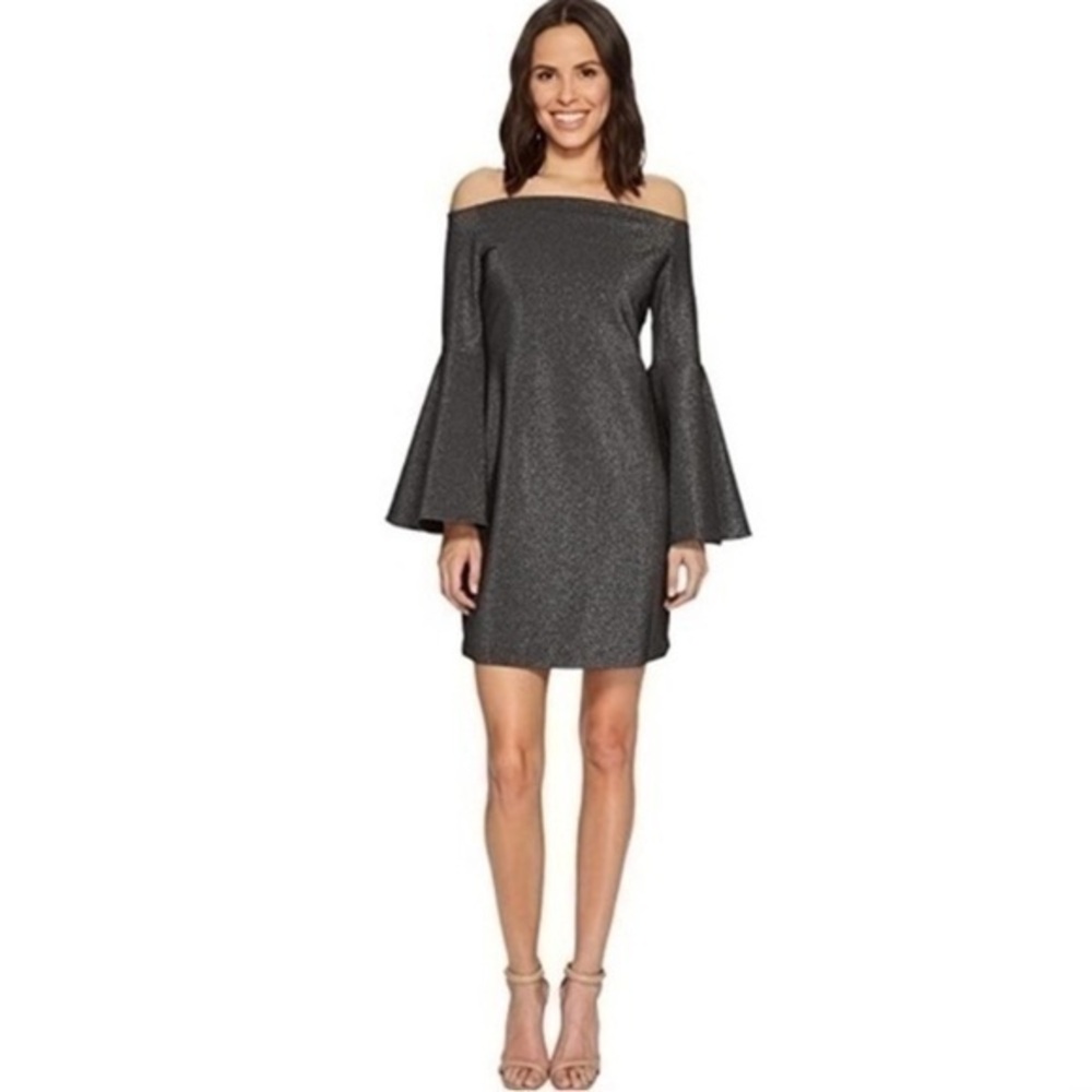 Vince Camuto silver rich black metallic off shoulder bell sleeve dress Small S